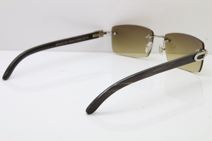 Cartier Rimless 8200757 Original Black Mix Gray Buffalo Horn Sunglasses in Gold Brown Lens