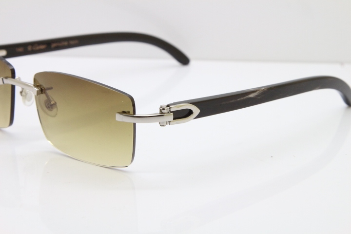 Cartier Rimless 8200757 Original Black Mix Gray Buffalo Horn Sunglasses in Gold Brown Lens