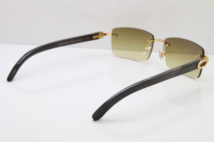 Cartier Rimless 8200757 Original Black Mix Gray Buffalo Horn Sunglasses in Gold Brown Lens