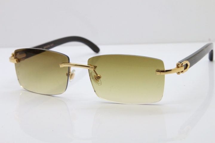 Cartier Rimless 8200757 Original Black Mix Gray Buffalo Horn Sunglasses in Gold Brown Lens