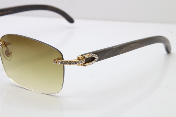 Cartier Rimless Diamond 8200760 Original Black Mix Gray Buffalo Horn Sunglasses in Silver Brown Lens