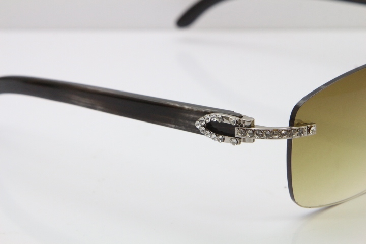 Cartier Rimless Diamond 8200760 Original Black Mix Gray Buffalo Horn Sunglasses in Silver Brown Lens