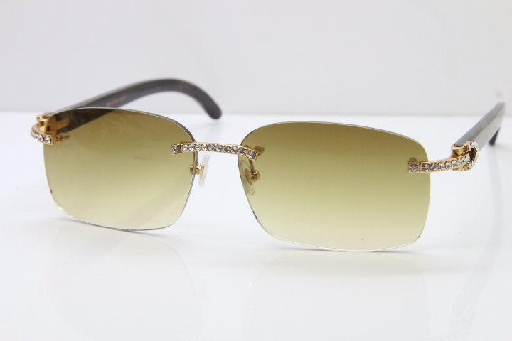 Cartier Rimless Diamond 8200760 Original Black Mix Gray Buffalo Horn Sunglasses in Silver Brown Lens