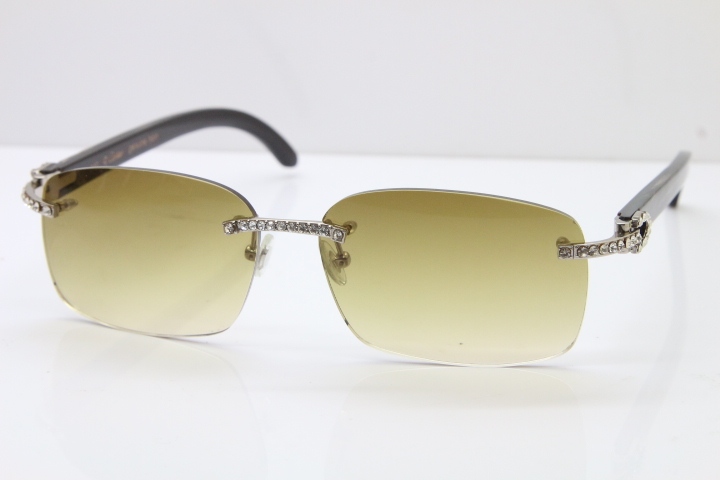 Cartier Rimless Diamond 8200760 Original Black Mix Gray Buffalo Horn Sunglasses in Silver Brown Lens