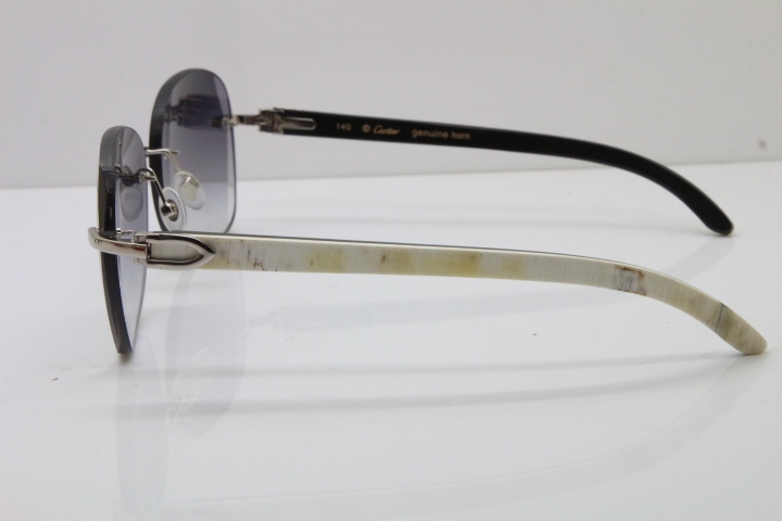 2018 New Cartier Rimless 3524012 Original Black Mix White Buffalo Horn Sunglasses in Gold Blue Lens