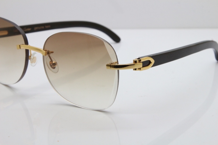 2018 New Cartier Rimless 3524012 Original Black Buffalo Horn Sunglasses in Gold Blue Lens