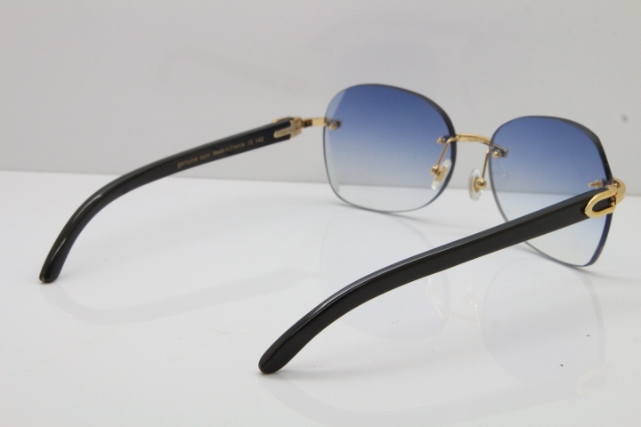 2018 New Cartier Rimless 3524012 Original Black Buffalo Horn Sunglasses in Gold Blue Lens