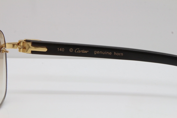 2018 New Cartier Rimless 3524012 Original Black Buffalo Horn Sunglasses in Gold Blue Lens