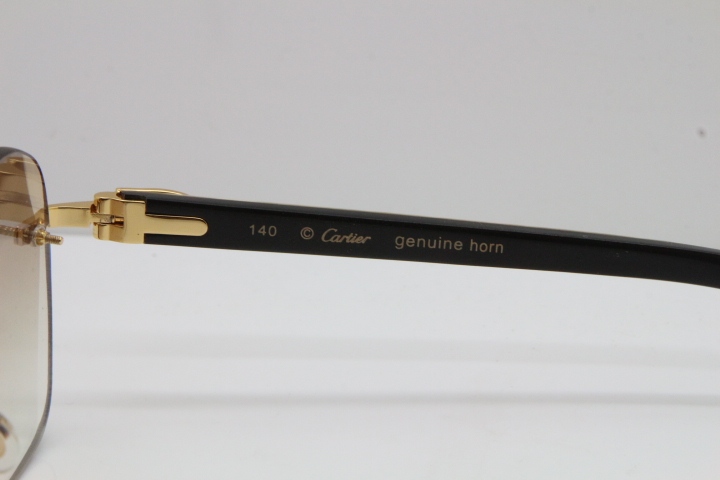 2018 New Cartier Rimless 3524012 Original Black Mix White Buffalo Horn Sunglasses in Gold Blue Lens
