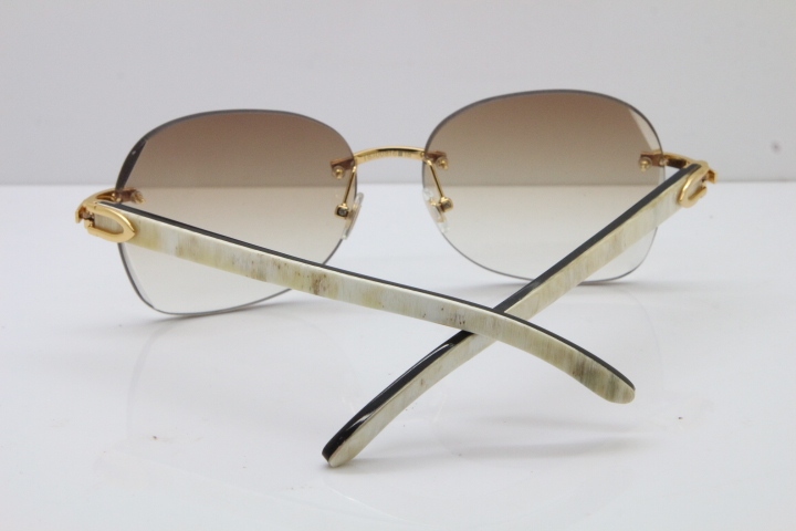 2018 New Cartier Rimless 3524012 Original Black Mix White Buffalo Horn Sunglasses in Gold Blue Lens