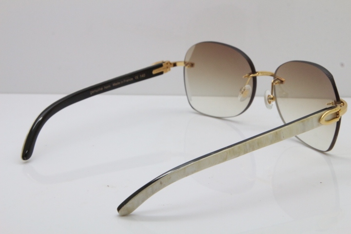 2018 New Cartier Rimless 3524012 Original Black Mix White Buffalo Horn Sunglasses in Gold Blue Lens