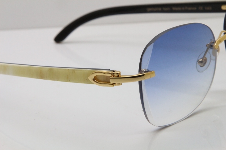 2018 New Cartier Rimless 3524012 Original Black Mix White Buffalo Horn Sunglasses in Gold Blue Lens