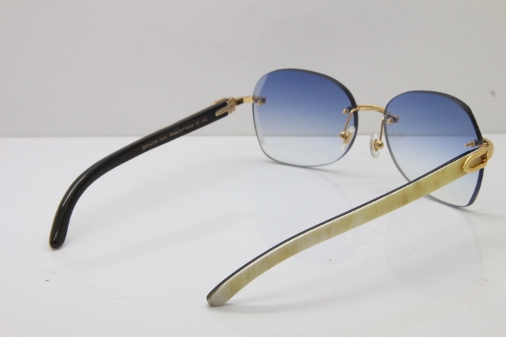 2018 New Cartier Rimless 3524012 Original Black Mix White Buffalo Horn Sunglasses in Gold Blue Lens