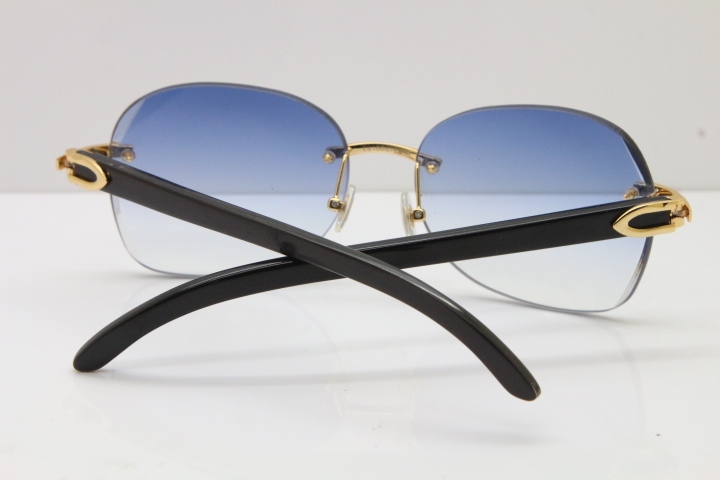 2018 New Cartier Rimless 3524012 Original Black Buffalo Horn Sunglasses in Gold Blue Lens