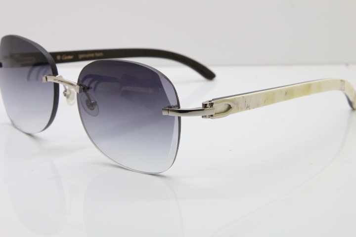 2018 New Cartier Rimless 3524012 Original Black Mix White Buffalo Horn Sunglasses in Gold Blue Lens