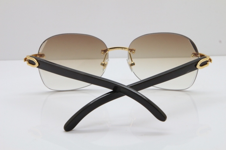 2018 New Cartier Rimless 3524012 Original Black Buffalo Horn Sunglasses in Gold Blue Lens