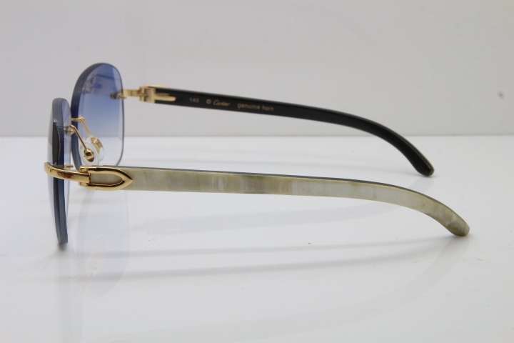 2018 New Cartier Rimless 3524012 Original Black Mix White Buffalo Horn Sunglasses in Gold Blue Lens