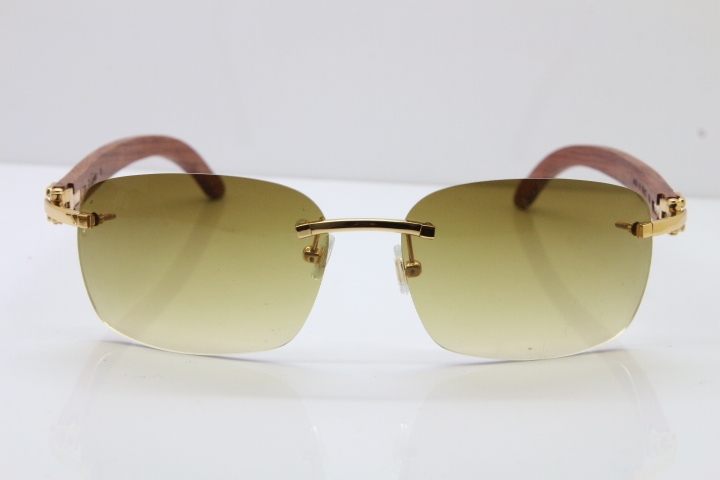 Cartier Rimless 8200497 Original Carved Wood Trimming Lens Sunglasses in Gold Brown Lens 2018 New