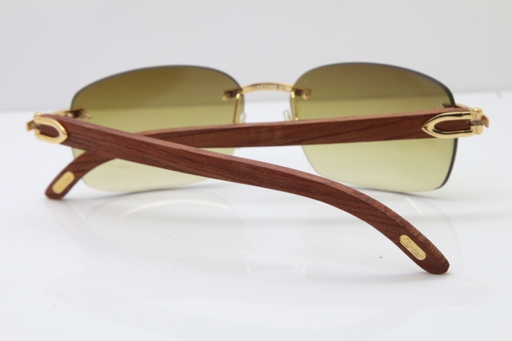 Cartier Rimless 8200497 Original Carved Wood Trimming Lens Sunglasses in Gold Brown Lens 2018 New