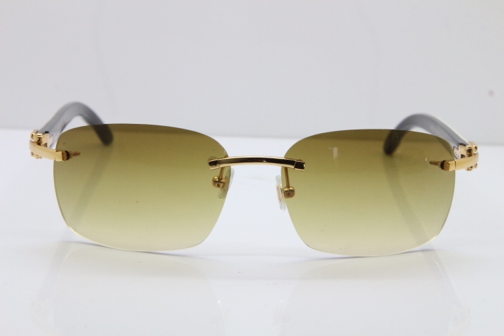 2018 New Cartier Rimless T8200497 Original White Inside Black Buffalo Horn Buffalo Horn Sunglasses in Gold Brown Lens Limited edition