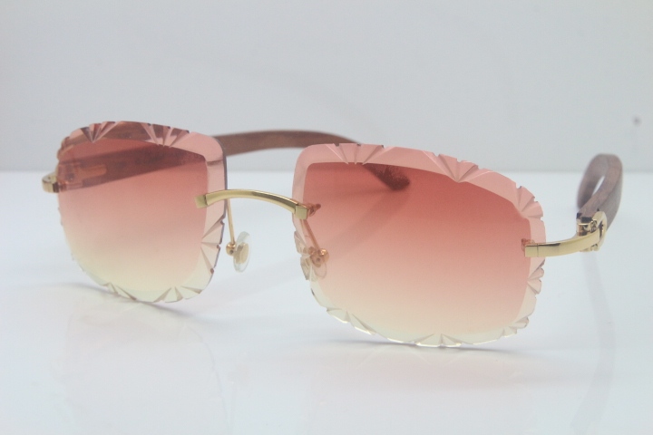 2018 New Cartier Rimless 3524012-A Carved Wood Trimming Lens Sunglasses Gold Pink  Limited edition