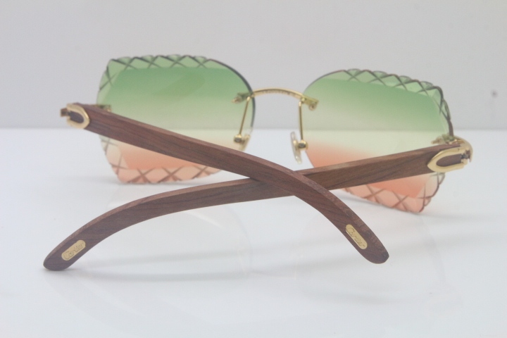 2018 New Cartier Rimless 3524012-A Carved Wood Trimming Lens Sunglasses Gold Green  Limited edition