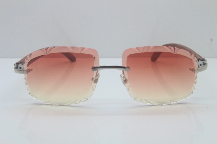 2018 New Cartier Rimless 3524012-A Carved Wood Trimming Lens Sunglasses Gold Pink  Limited edition