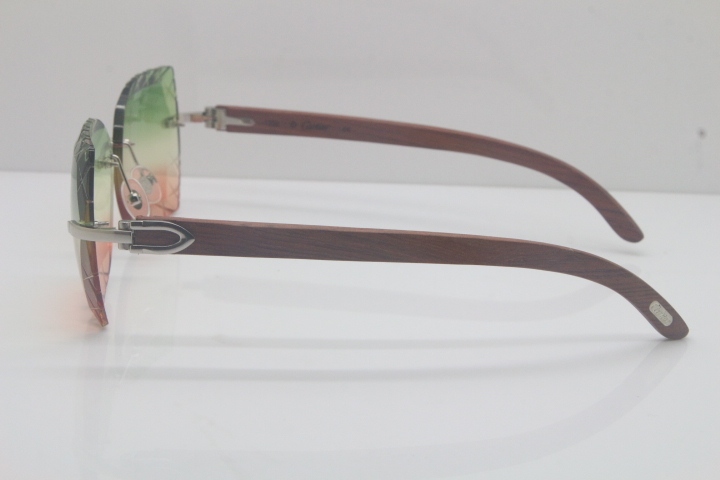 2018 New Cartier Rimless 3524012-A Carved Wood Trimming Lens Sunglasses Gold Green  Limited edition