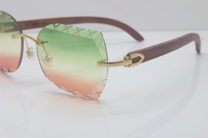 2018 New Cartier Rimless 3524012-A Carved Wood Trimming Lens Sunglasses Gold Green  Limited edition