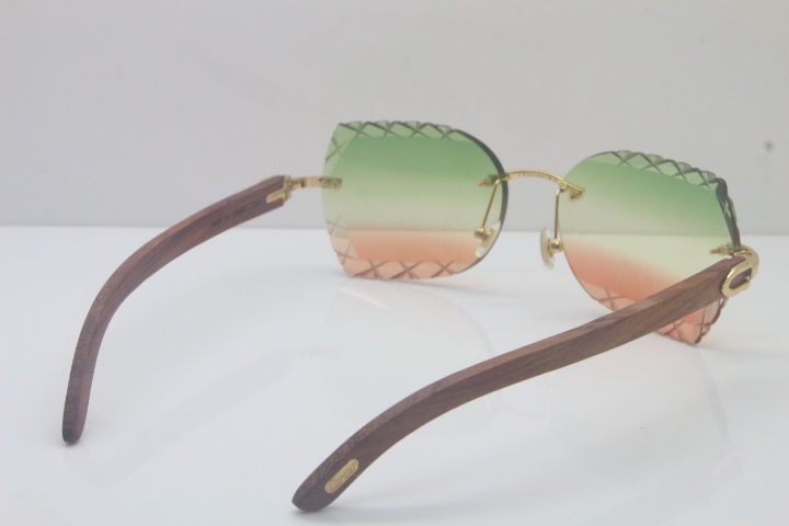 2018 New Cartier Rimless 3524012-A Carved Wood Trimming Lens Sunglasses Gold Green  Limited edition