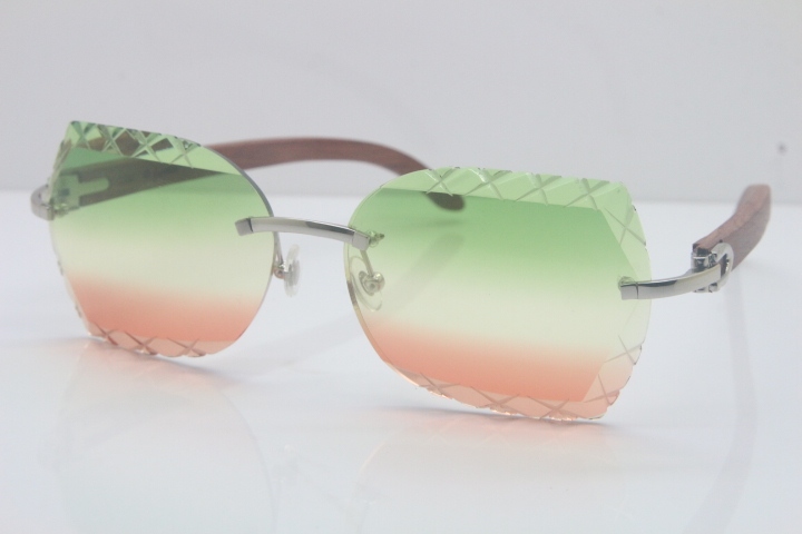 2018 New Cartier Rimless 3524012-A Carved Wood Trimming Lens Sunglasses Gold Green  Limited edition