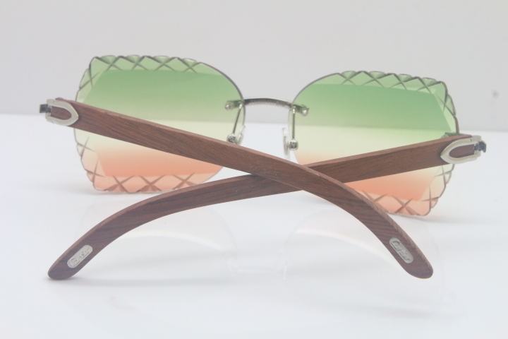 2018 New Cartier Rimless 3524012-A Carved Wood Trimming Lens Sunglasses Gold Green  Limited edition