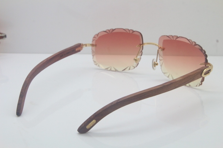 2018 New Cartier Rimless 3524012-A Carved Wood Trimming Lens Sunglasses Gold Pink  Limited edition