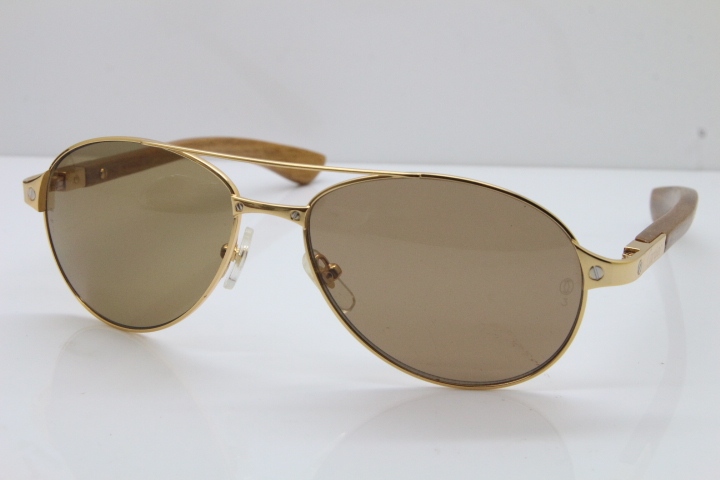 Cartier Santos DE Beige Bubinga Wood 4480317 Original Sunglasses In Gold Brown Lens