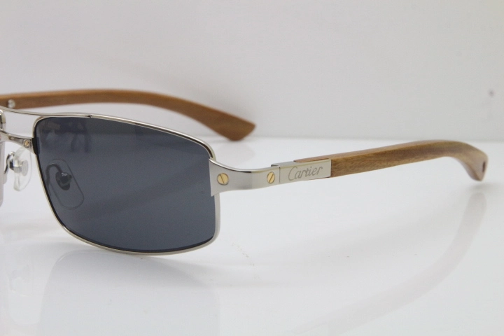 Cartier Santos DE Beige Bubinga Wood 4480316 Original Sunglasses In Silver Dark Lens