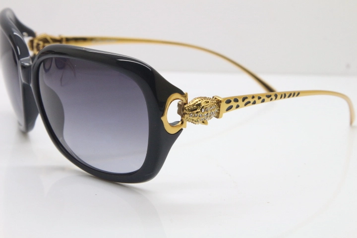 Cartier Leopard 1304 Diamond Sunglasses In Black Mix Gold Gray Lens