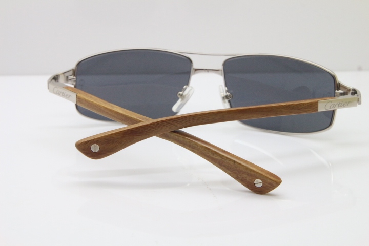Cartier Santos DE Beige Bubinga Wood 4480316 Original Sunglasses In Silver Dark Lens