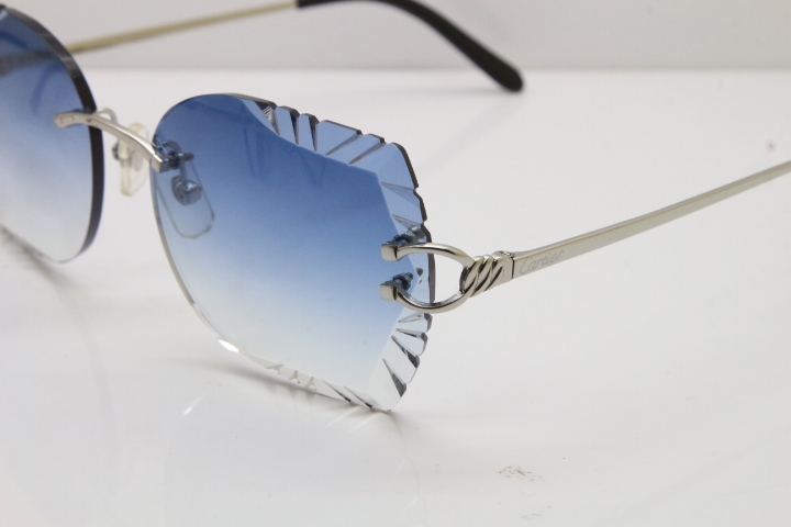 Cartier Rimless Carved Lens 3886172 Sunglasses in Silver Blue Lens New