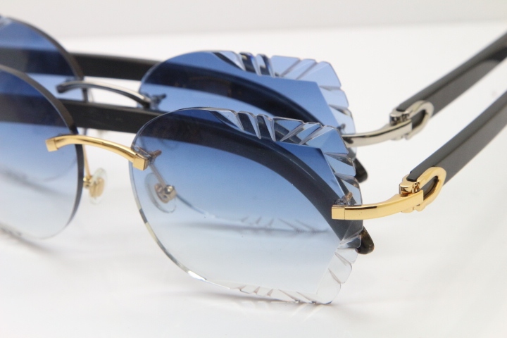 Cartier Rimless Carved Lens Original Black Buffalo Horn 8200762A Sunglasses in Gold Blue Lens New