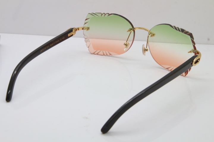 Cartier Rimless Carved Lens Original Black Buffalo Horn 8200762A Sunglasses in Gold Green Mix Brown Lens New