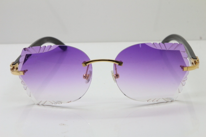 Cartier Rimless Carved Lens Original Black Buffalo Horn 8200762A Sunglasses in Gold Purple Lens New