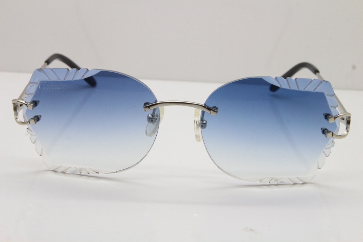 Cartier Rimless Carved Lens 3886172 Sunglasses in Silver Blue Lens New