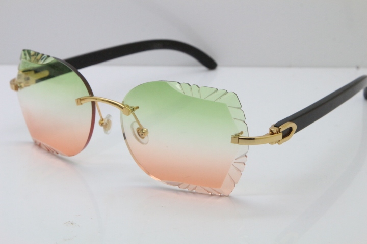 Cartier Rimless Carved Lens Original Black Buffalo Horn 8200762A Sunglasses in Gold Green Mix Brown Lens New