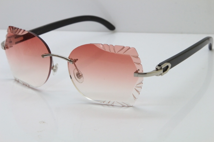 Cartier Rimless Carved Lens Original Black Buffalo Horn 8200762A Sunglasses in Gold Pink Lens New