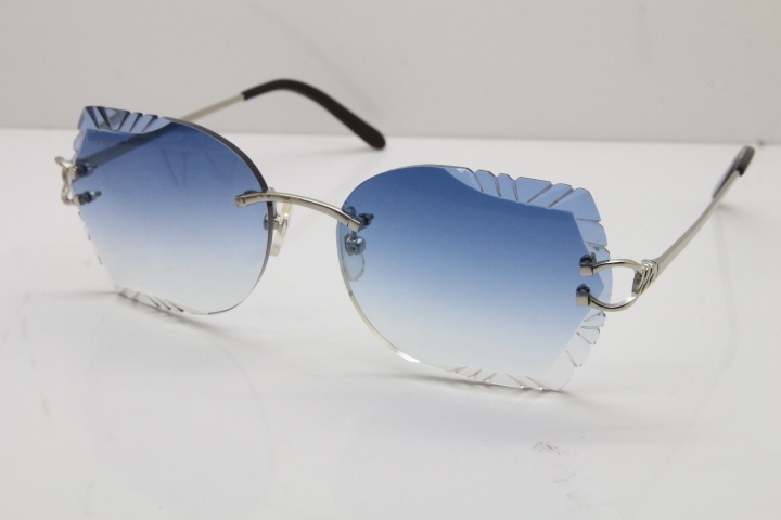 Cartier Rimless Carved Lens 3886172 Sunglasses in Silver Blue Lens New