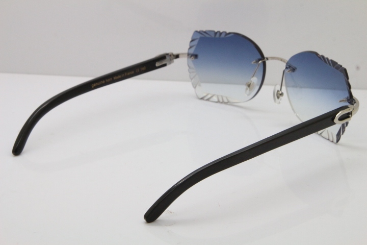 Cartier Rimless Carved Lens Original Black Buffalo Horn 8200762A Sunglasses in Gold Blue Lens New