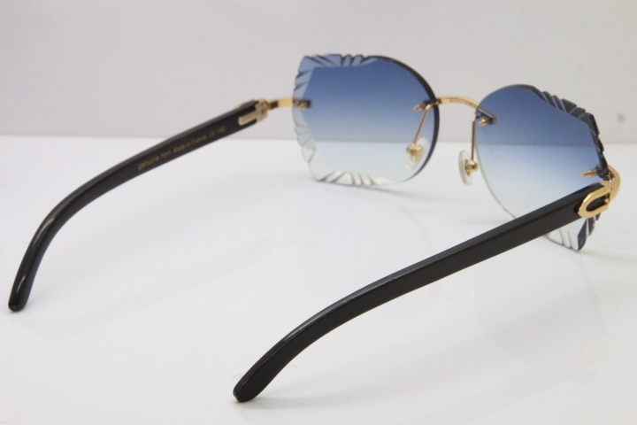 Cartier Rimless Carved Lens Original Black Buffalo Horn 8200762A Sunglasses in Gold Blue Lens New