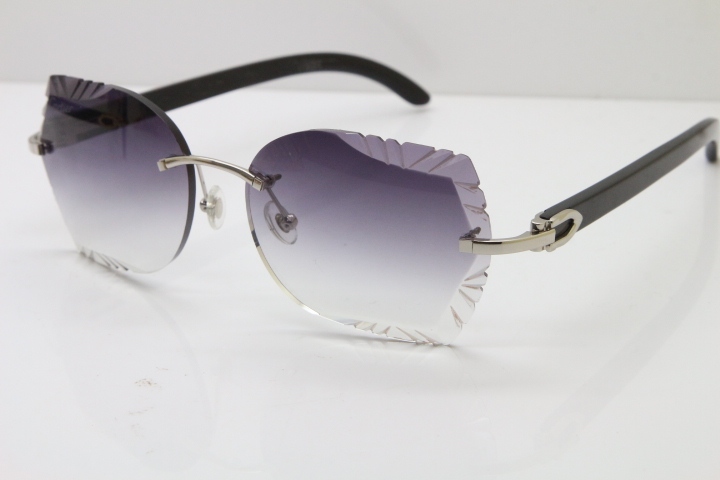 Cartier Rimless Carved Lens Original Black Buffalo Horn 8200762A Sunglasses in Silver Gray Lens New