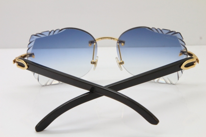 Cartier Rimless Carved Lens Original Black Buffalo Horn 8200762A Sunglasses in Gold Blue Lens New