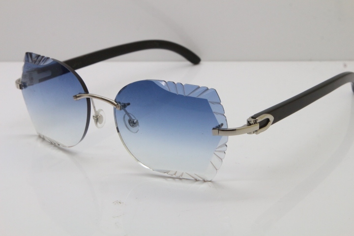 Cartier Rimless Carved Lens Original Black Buffalo Horn 8200762A Sunglasses in Gold Blue Lens New